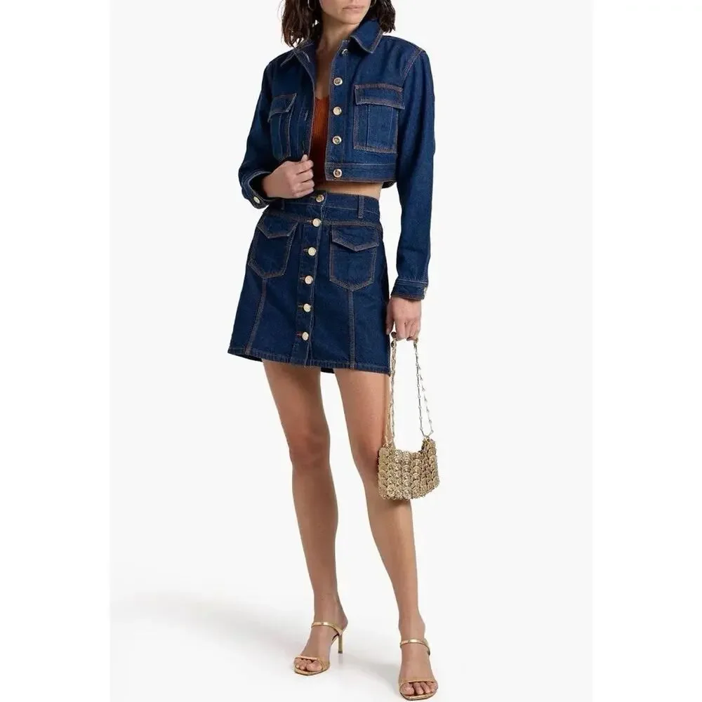 NWT Farm Rio Basic Cropped Denim Jacket Gold Buttons Small - Picture 2 of 5